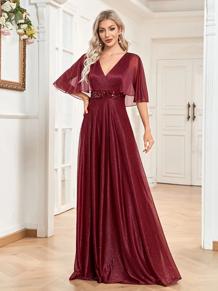 XUIBOL elegante abito da sera formale con paillettes manica corta 2024 donne festa di nozze Prom scollo a v Ruffles abito rosso in Chiffon Vestidos