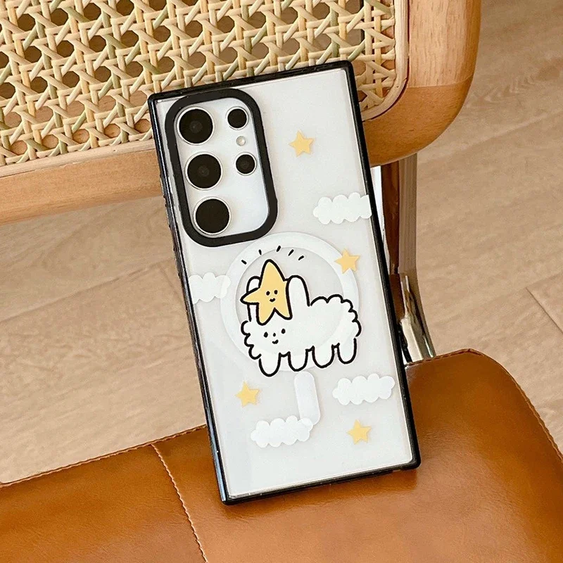 เคสขอบอะคริลิคสีดำลายแกะแกะน่ารักเคสสำหรับซัมซุงกาแล็คซี่ S22 S23อัลตร้า S24อัลตร้าเคสปกป้อง