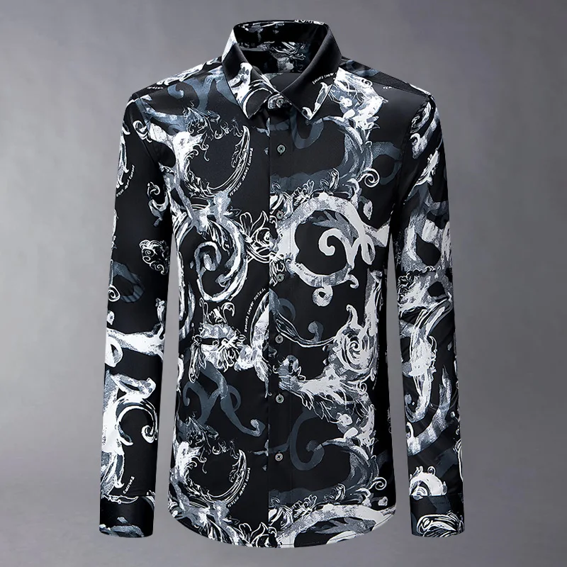 Luxury Graffiti Silk Shirt Men Long Sleeved Retro Casual Shirt Fashion Business Social Street Wear Party Tuxedo Shirts 2025