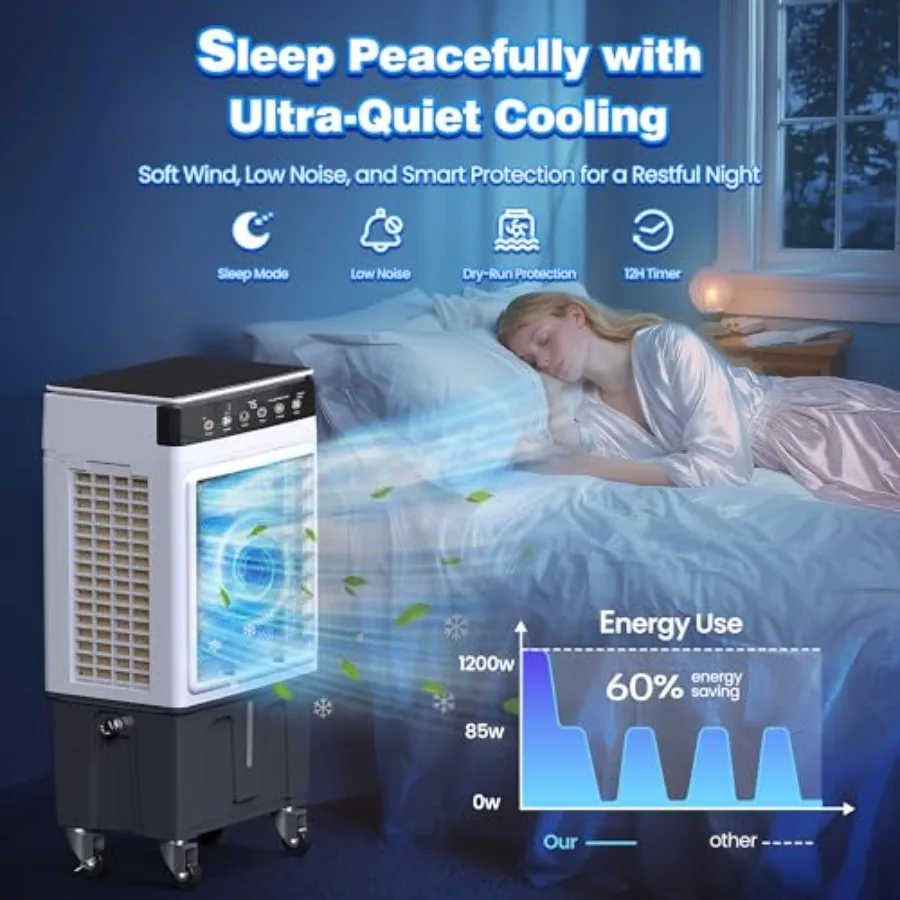 Pendingin Udara Evaporatif 3000CFM untuk Penggunaan Dalam dan Luar Ruangan dengan Kontrol Jarak Jauh Osilasi 120, Timer 12 Jam, 4 Paket Es, 3 Mode Operasi