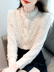 Fashion Ruffles Stand Collar Apricot Lace Blouse Shirt Women Tops Shirts Blusas Mujer De Moda 2024 Long Sleeve Blouse Women H25