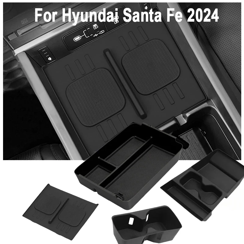 

For Hyundai Santa Fe 2024 Cup Holder Armrest Storage Box Wireless Charging Pad Lower Storage Box Central Control Accessories