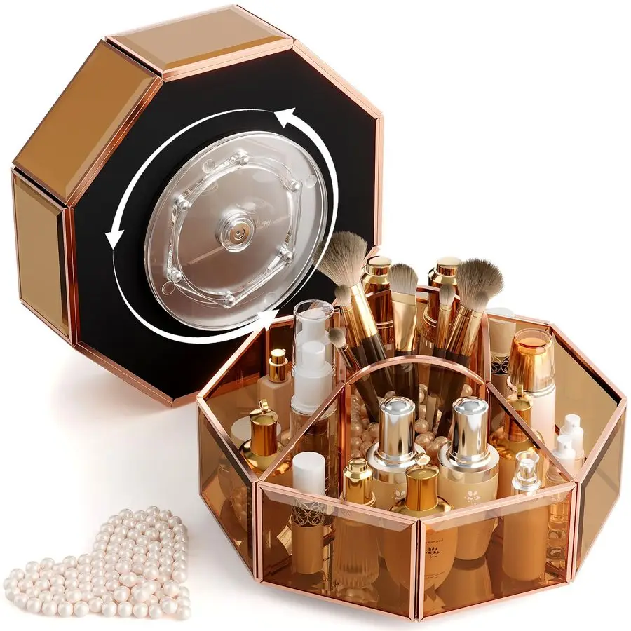 

Вращающийся органайзер для косметики с держателем для кистей, для столешницы, ванной комнаты, хранения уходовой косметики и парфюмерии