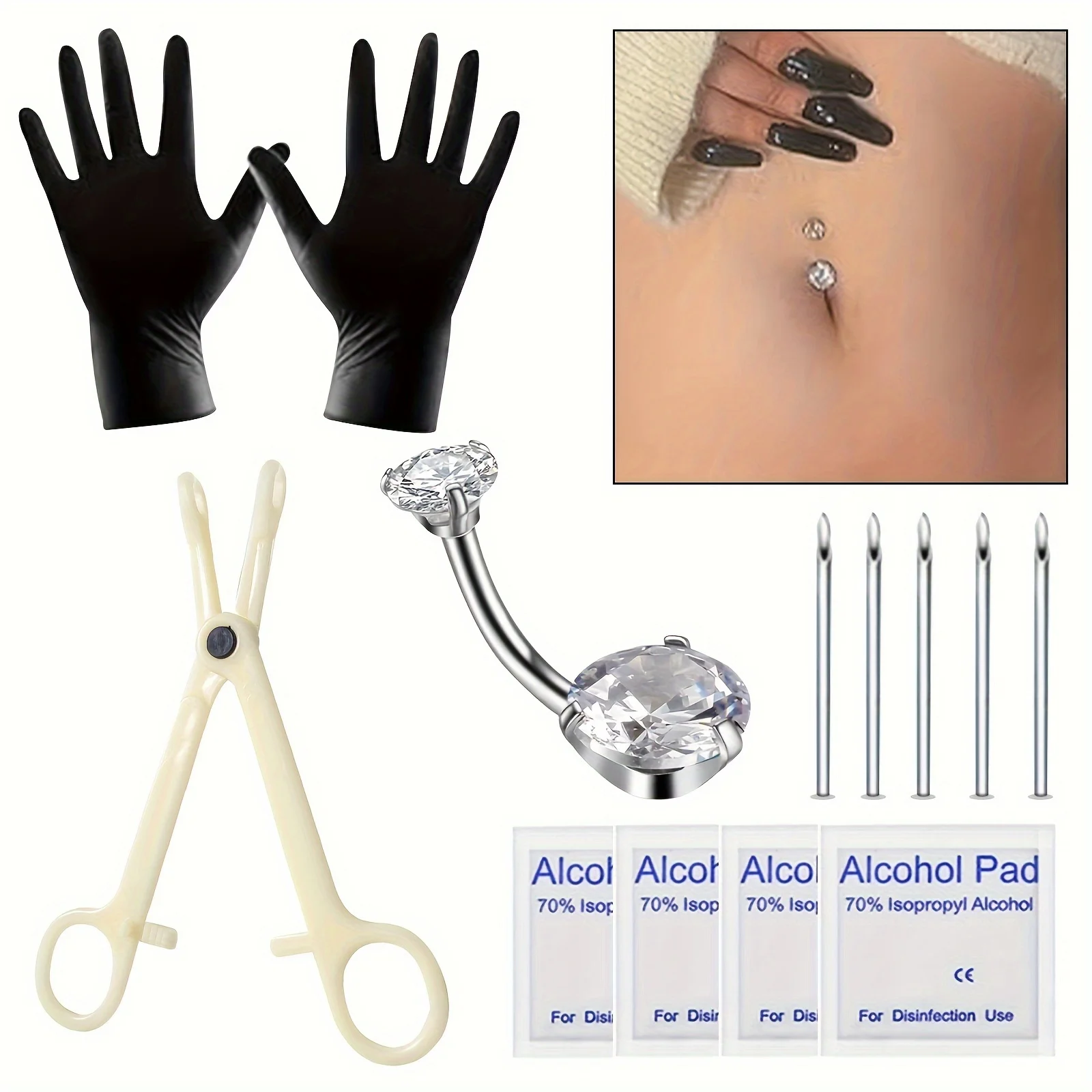 Anel no umbigo para homens e mulheres, agulhas de aço 316L Piercing, braçadeira, kit de ferramentas Auto Piercing, casa, 13pcs