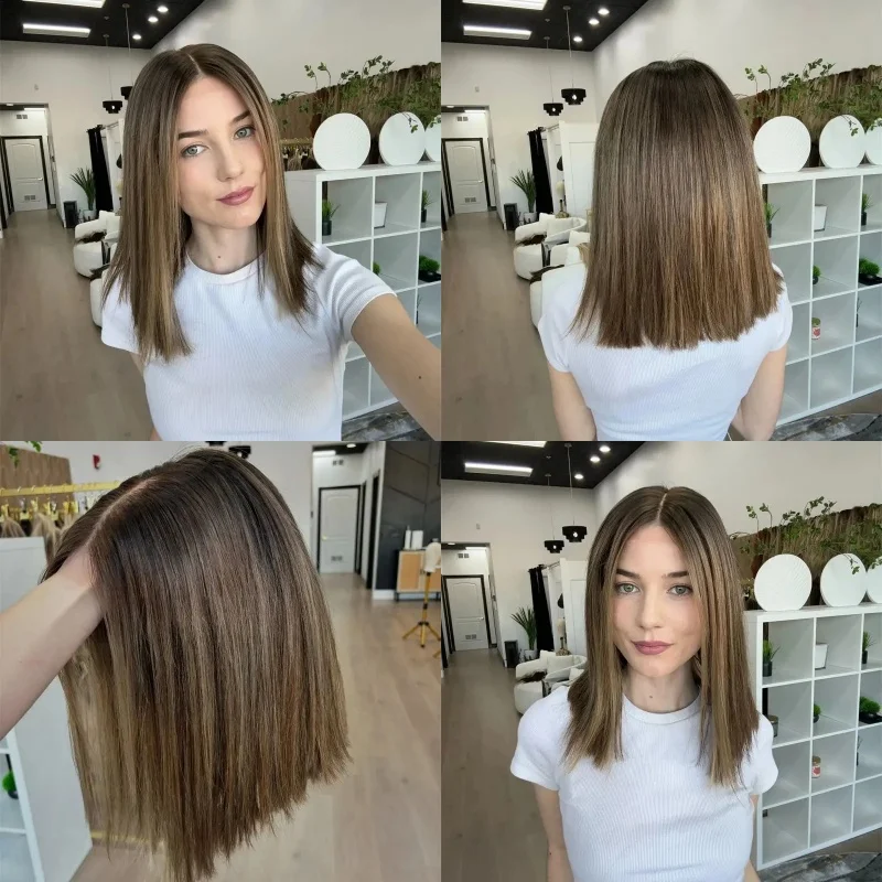 

Женский парик омбре: коричневый с блондными мелиями, синтетический, с HD-кружевом спереди, с предварительно вычесанной линией роста волос, 14 дюймов, короткий прямой боб, легко носить