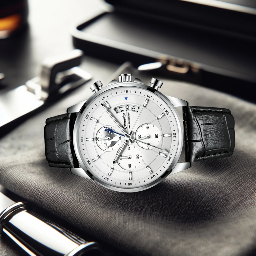 ساعة رجالية جديدة فضية حزام أسود نمط رياضي موضة الشباب ليلة ضوء التقويم كونتيننتال الرف ساعة كوارتز