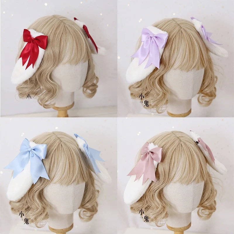 Kawaii Women Girls Hair Clip Cute Rabbit Bunny Plush Lop Ears Hairpin Candy Color Ribbon Bowknot Lolita Cosplay Hair Accessories