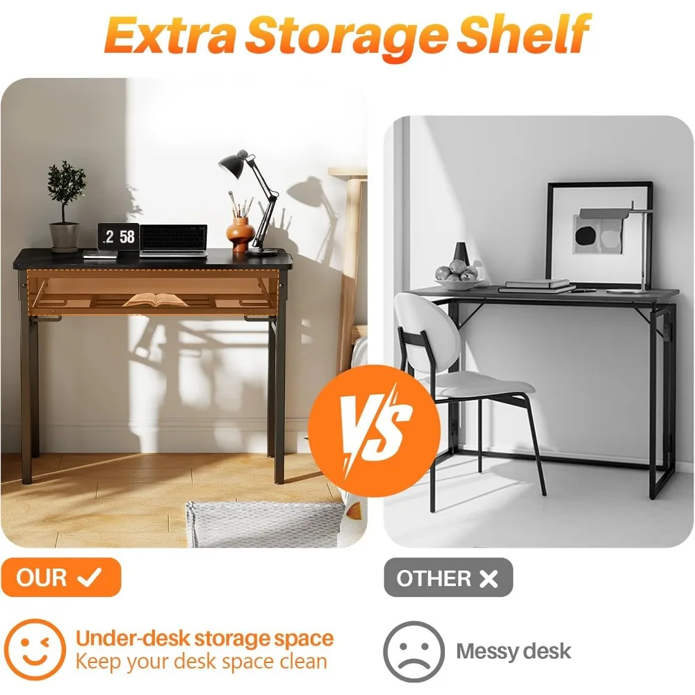 مكتب كمبيوتر مدمج قابل للطي مع رف تخزين للمساحات الصغيرة - مكتب للكتابة والدراسة