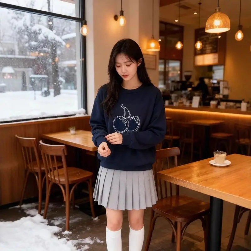 هوديي نسائي دافئ شبابي مرقع صديق للبشرة من قماش الدنيم Fce مستدير Ne صغير الحجم بتصميم الكرز العلوي #3