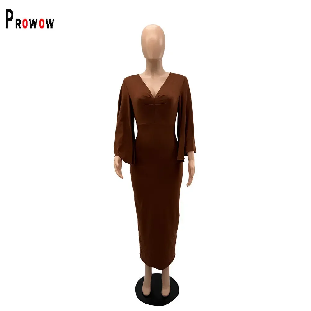 Prowow elegante Frauen Maxi kleid V-Ausschnitt Slim Fit lange Fledermaus Ärmel Bodycon Outfit einfarbig Abend party Büro Dame Kleidung