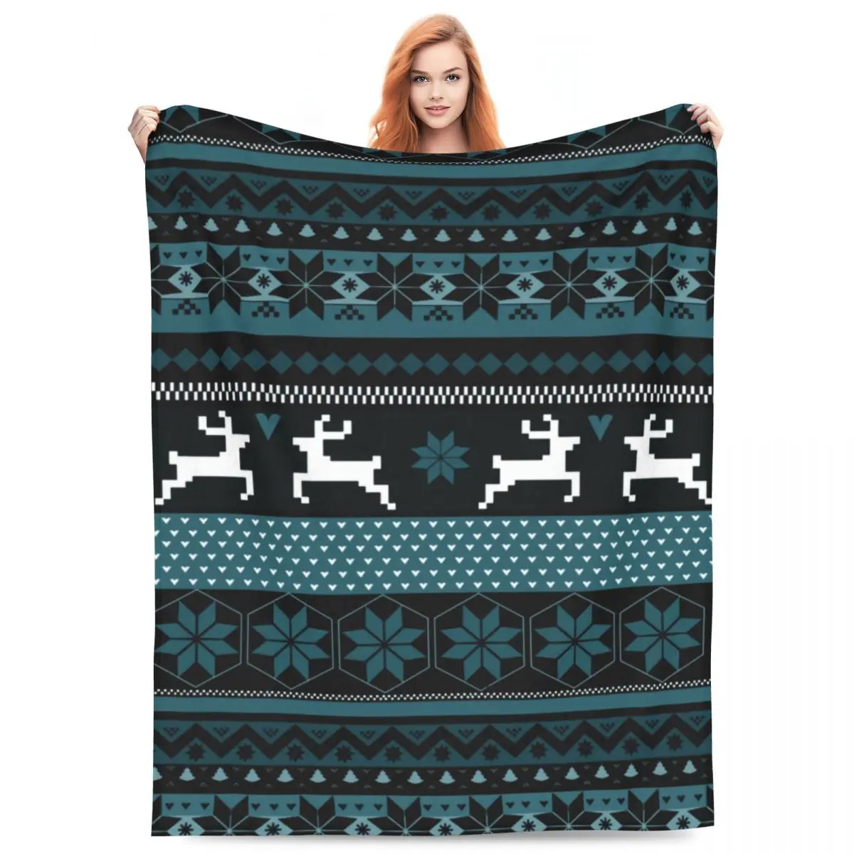 Christmas Nordic Animal Warm Soft Blankets Teal Fair Isle Print Camping Throw Blanket Winter Flannel Bedspread Sofa Bed Cover