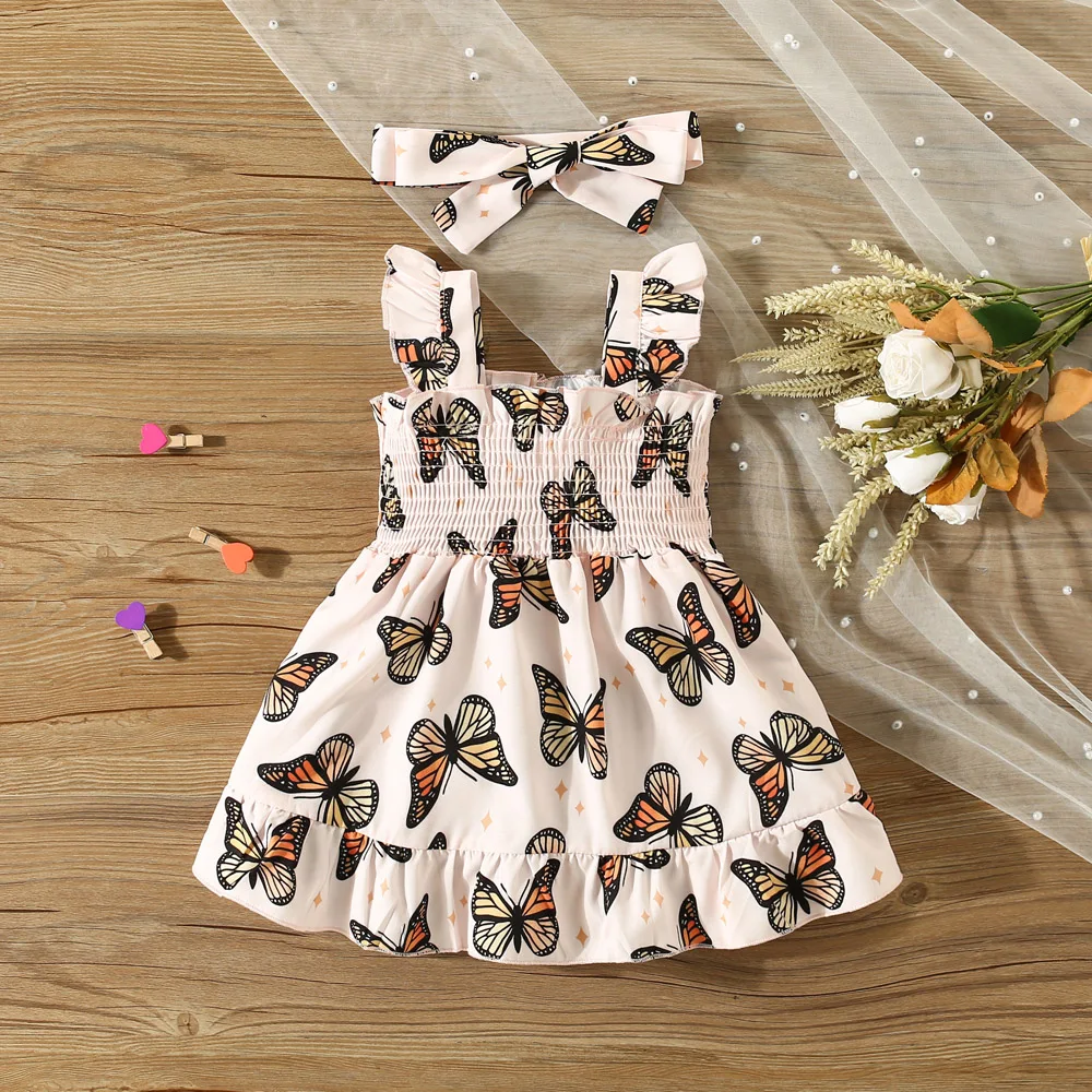 

Summer New Cute Butterfly Baby Girl Dress, Sweet Children'S Clothes With Free Headband (6 Months -3 Years Old)
