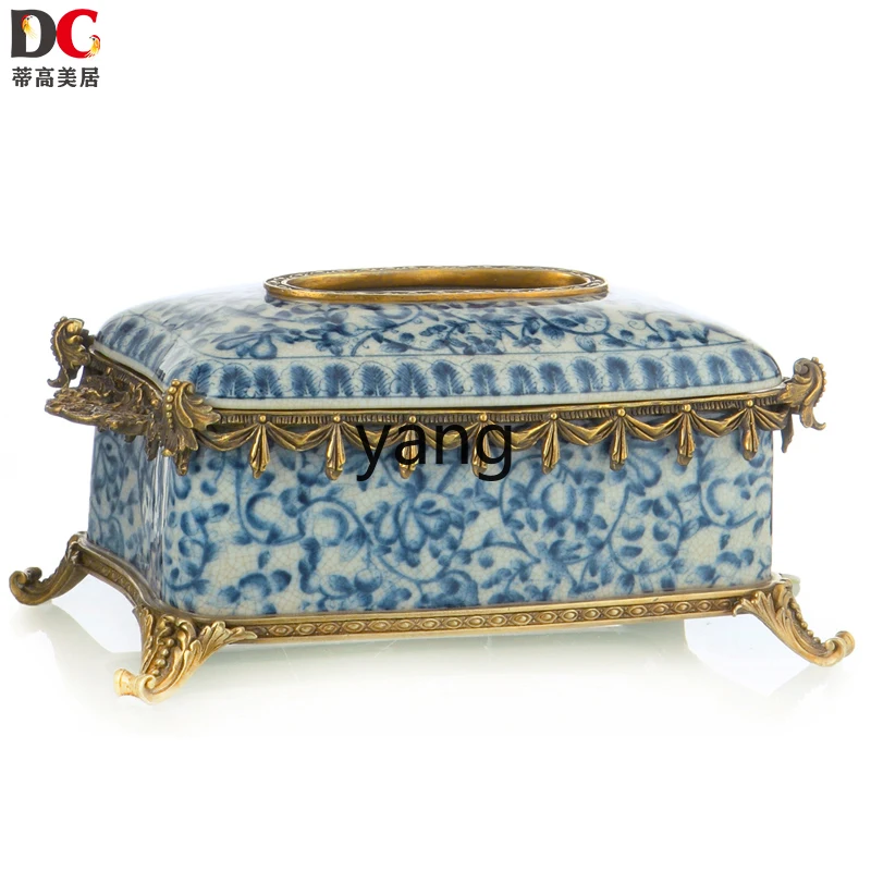 

LXL Retro Crackled Glaze Ceramic Inlaid Copper Tissue Box Decoration Paper Extraction Box Ornaments