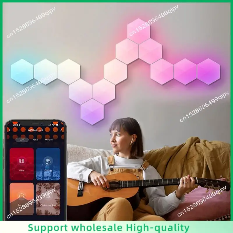 ABSF RGB Smart Light Board Hexagonal Lamp Indoor Atmosphere Wall Lamp Voice Control APP Night Light For Game Room(B)