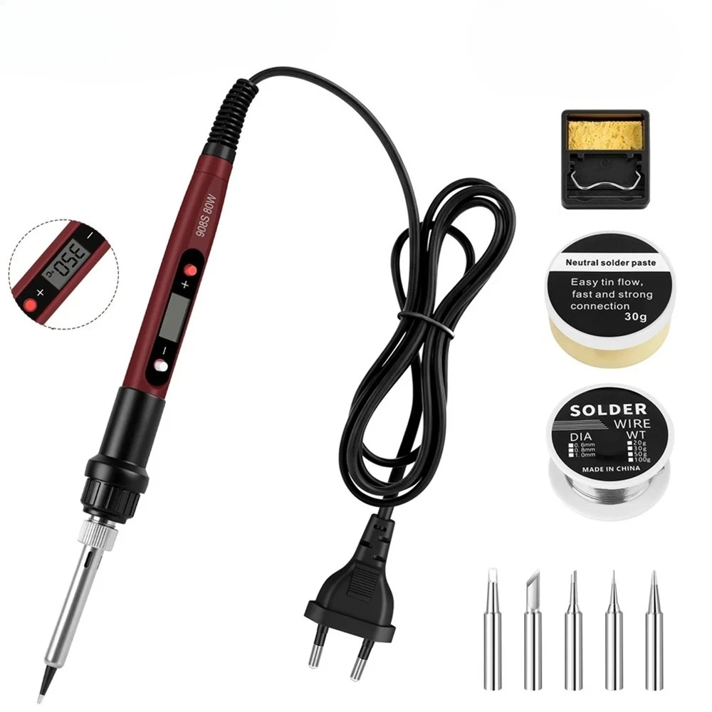 Kit de fer à souder avec température réglable, 5 embouts interchangeables, fil et pâte à souder inclus, idéal pour la réparation électronique DIY, les projets de soudage, les travaux sur cartes de circuits imprimés à domicile et les loisirs créatifs, ensemble d'outils complet
