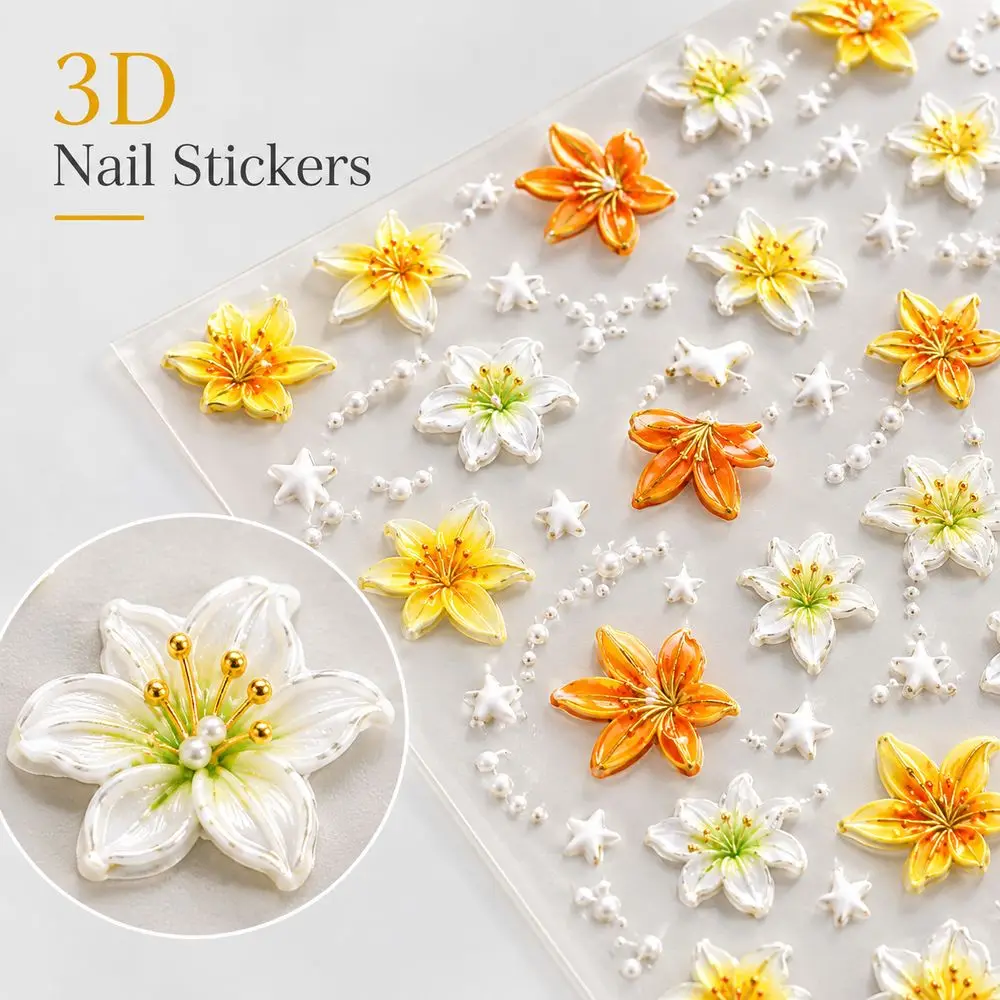 1Pc New Arrival 5D Lily Flower Nail Art Stickers Embossed Self Adhesive Floral Decals Sliders for Acrylic Nails Manicure Trendy