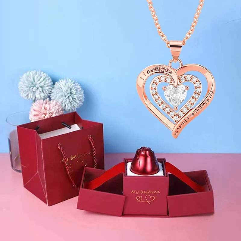 Luxury Zircon Heart Engraved Necklace Jewelry With Lifting Rose Gift Box For Girlfriend Mom Friend 2024 Birthday Romantic Gifts