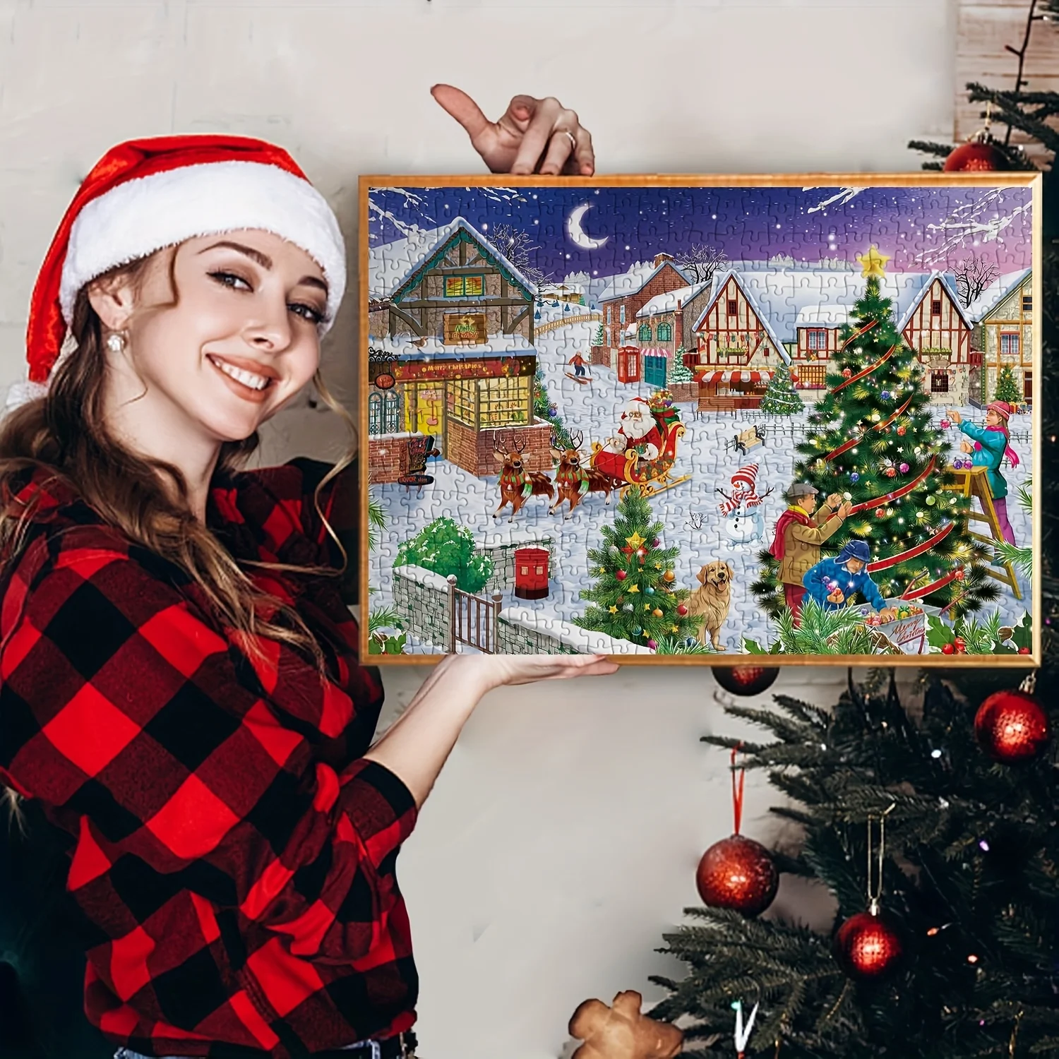 

1000pcs Large Christmas Village Jigsaw Puzzle for Adults & Families - Winter Wonderland Scene with Santa, Reindeer, Snowy Hous