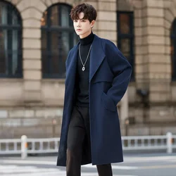 Autumn and Winter New Windbreaker Men's Mid To Long Twill Woolen Coats Korean Style Outdoor Fashion Lapel  Techwear Coat Trench