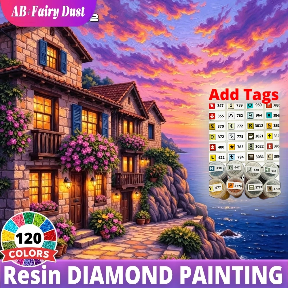 120 Color Resin DIY Diamond Mosaic Mediterranean Village Sunset Full Square Romantic Art AB Fairy Dust Landscape Wall Decor
