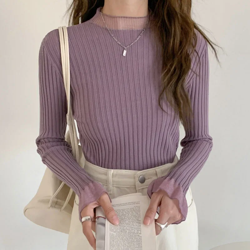 

Вязаный свитер, женские пуловеры, новый вязаный свитер с длинным рукавом и воротником-стойкой, пуловер, женские топы, трикотажные изделия Sueters De Mujer Q1128