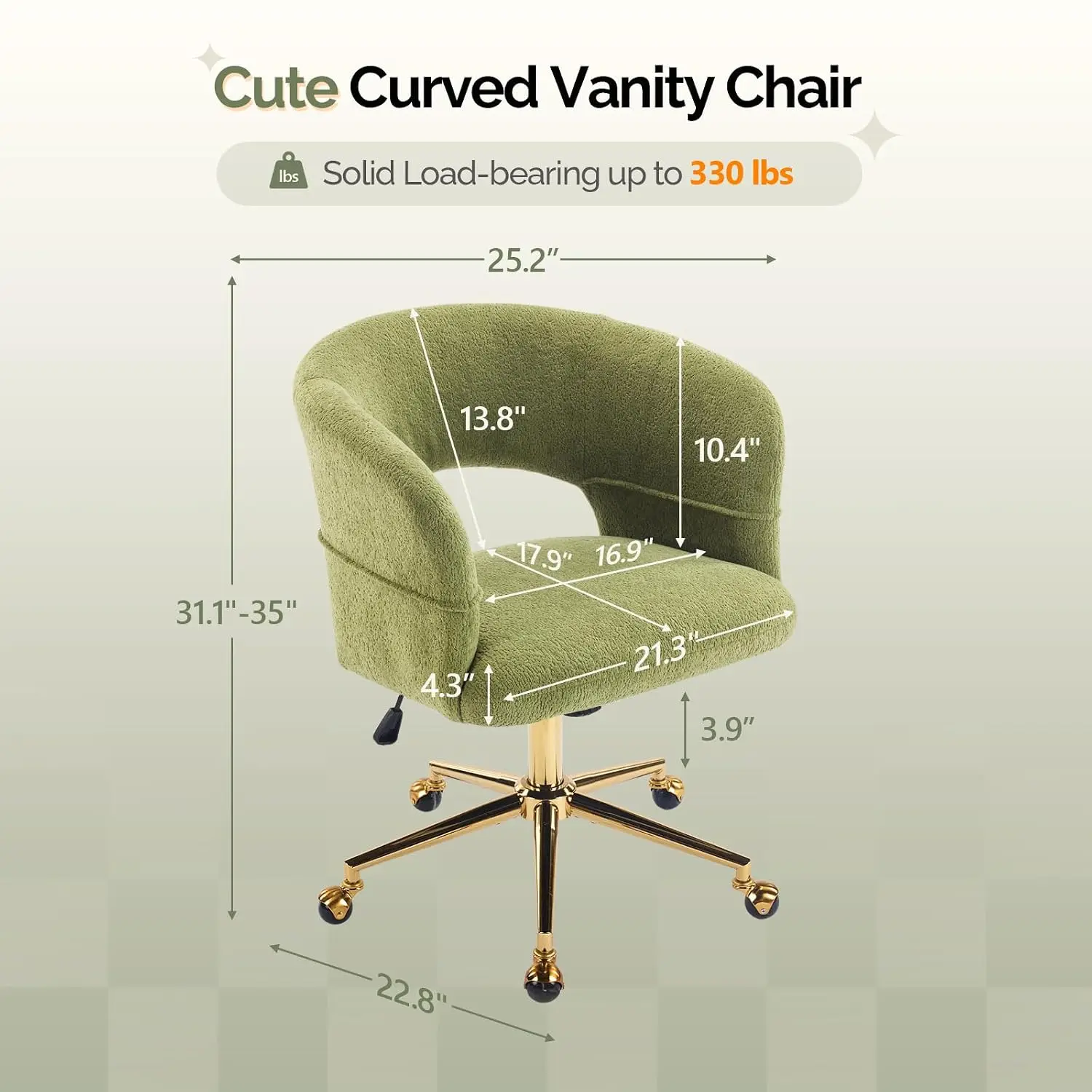 Modern Curved Office & Vanity Desk Chair, Cute Upholstered Nail Chair with Wheels 360° Swivel & Club Tilting & Gold Base