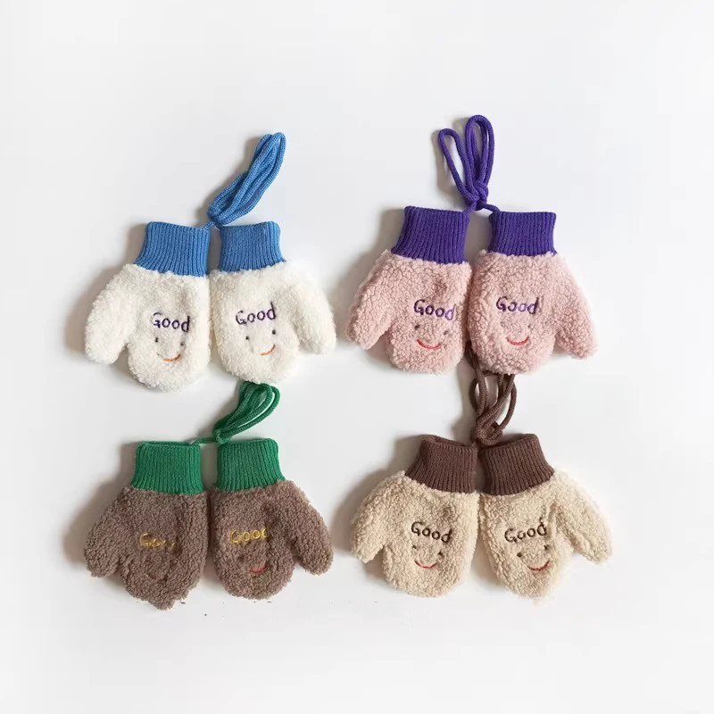 Lamb Fleece Children Gloves Winter Warm Baby Plush Mittens 1-4year Boy Girl Kids Hanging Neck Fingerless Gloves Cartoon Glove 장갑