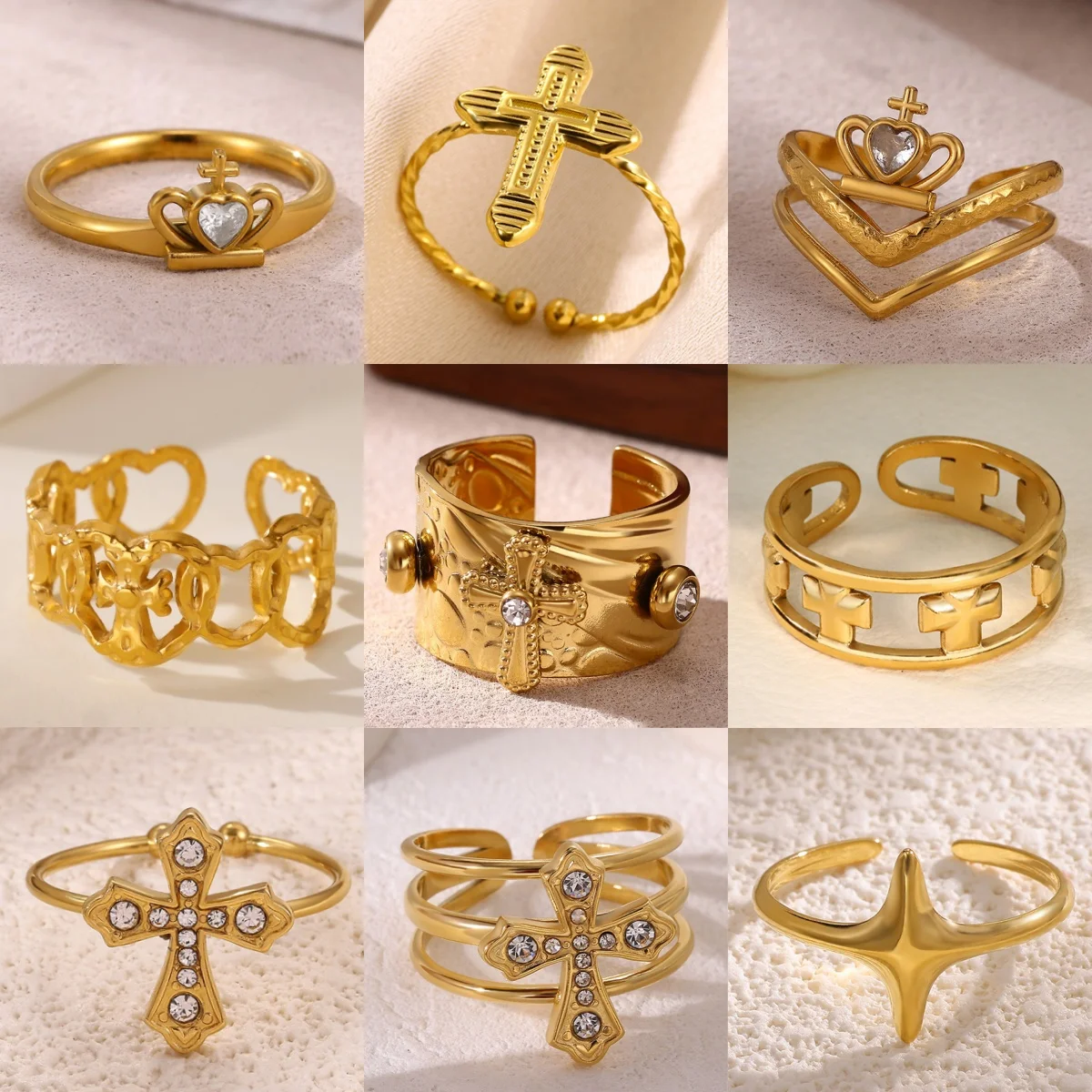 Klassischer Kreuzring aus Edelstahl, Unisex, mit weißem Zirkonia-Herz, offener Ring, Bankett, religiöser Schmuck, Ring, Geschenk