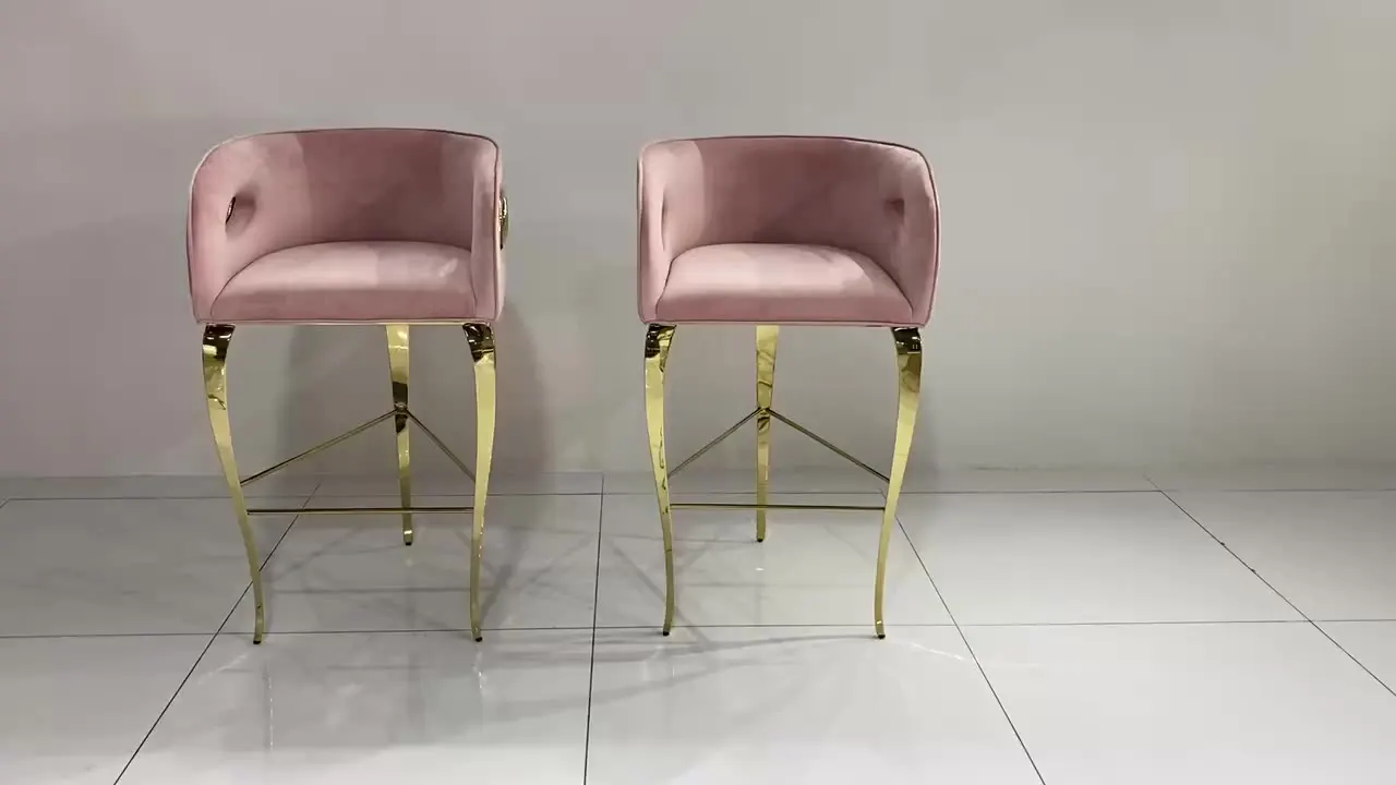 Curved Back Luxury golden Bar Stool Velvet Upholstery 3 Legs Bar Chair For Home Hotel bar counter club high chair