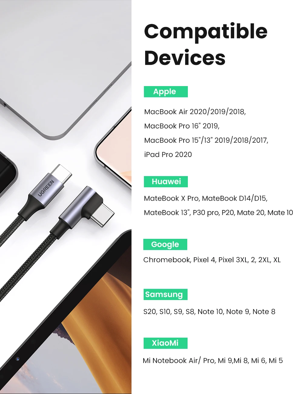 Ugreen 90 Degree PD100W USB Type C to Type C Cable Fast Charger For Apple Macbook Samsung Huawei Xiaomi Notebook Charging Data2m