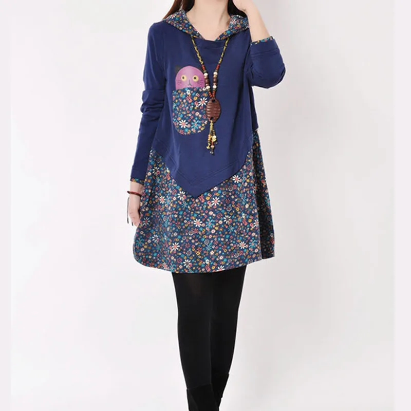 Koreaanse Mode Vrouwen Winter Shirt Jurk Lange Tops Vrouwelijke Bloemen Gedrukt Streetwear Hoodies Lange Mouw Jurk Truien