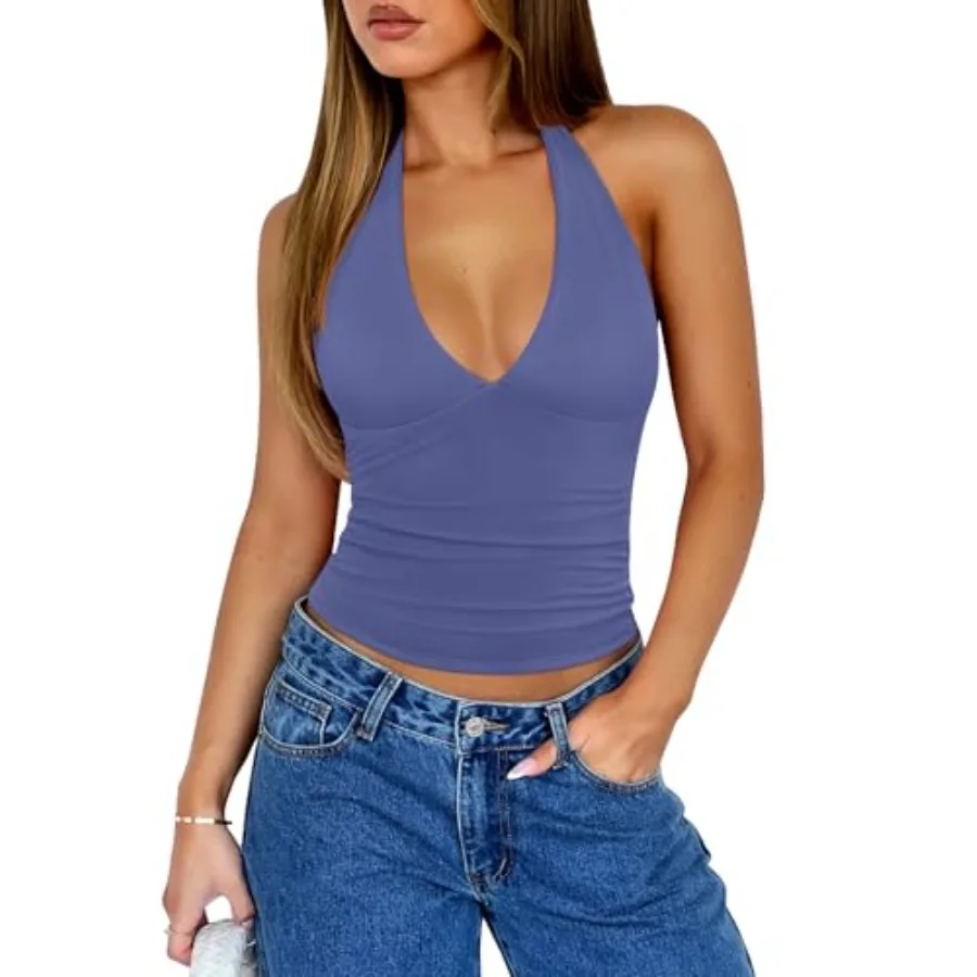 

REORIA Womens Halter Tank Tops Double Lined Basic Cami Shirts Sexy Backl Y2K Trendy Going Out Tops
