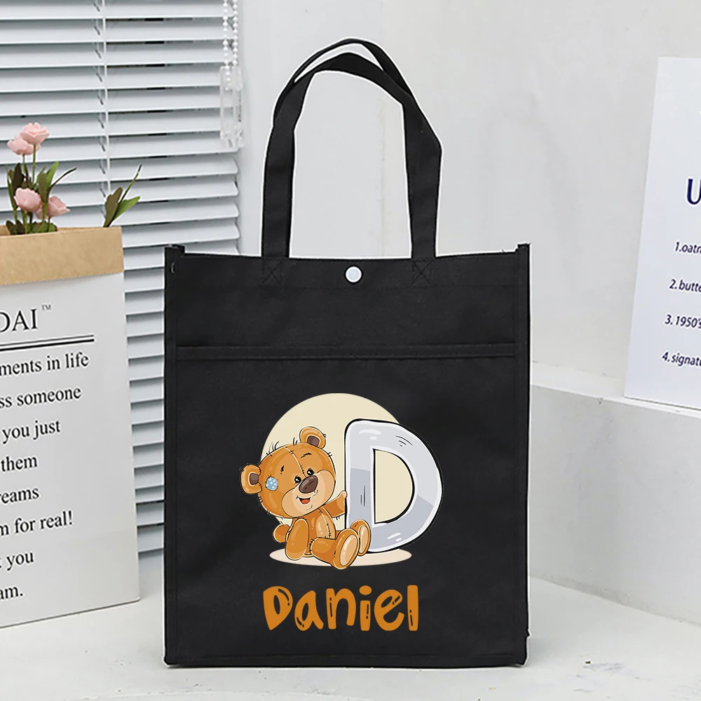 Personalized Initial with Name Kids Library Tote Bag Homeschool Bags Oxford School Reading Books Bag Birthday Gift for Children