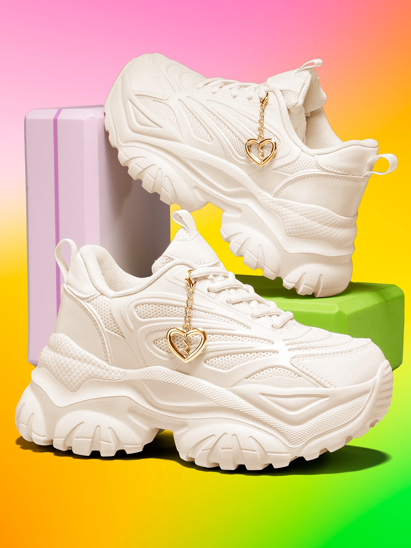 Women's Outdoor Eva Lightweight Thick-Soled Shoes with a 7cm Height Increase, in Off-White Color, Featuring Detachable Gold Broken Heart Pendant, Suitable for Running and Fitness, All-Season Sports Shoes view 5