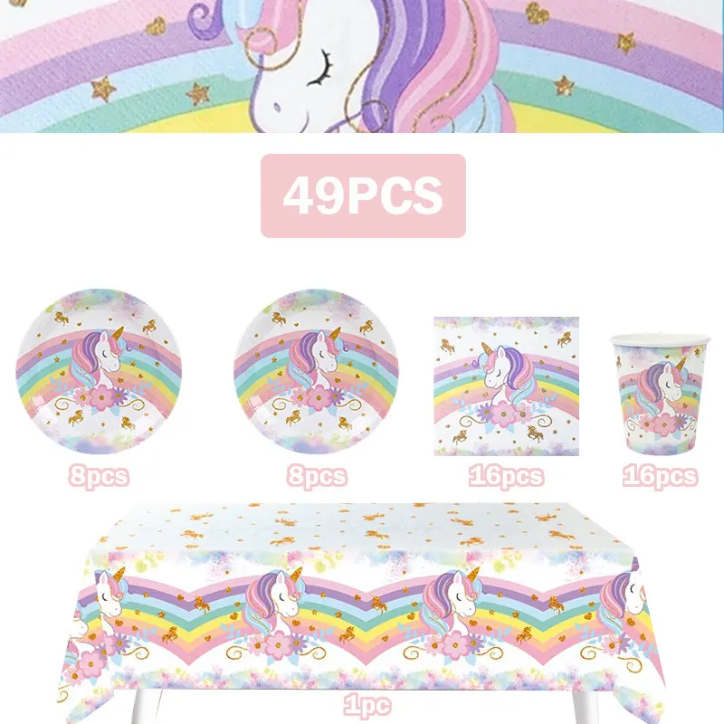 Unicorn Girl Birthday Decoration Set Cup Plate Unicorn Balloons Happy Banner Cake Topper Backdrop Supplies for Kids Party Favors view 5