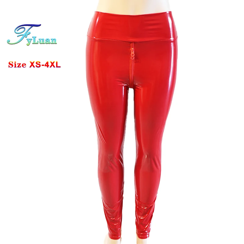 

Sexy High Waist Pants New Women's Red Leather Leggings Double Zipper Open Crotch Pants Exotic Nightclub Ankle-Length Trousers