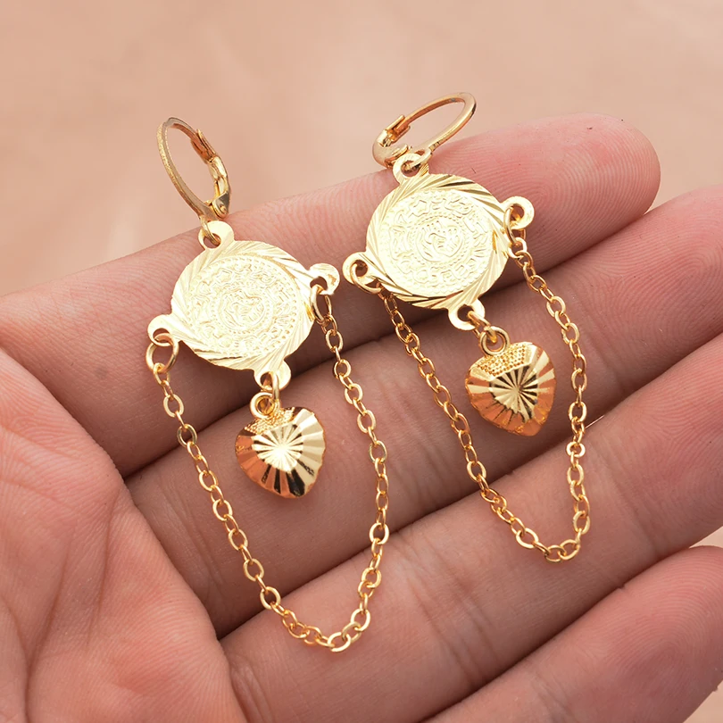 Gold Color Vintage Coin Heart Long Tassel Drop Earrings for Women Ethnic Multi Layer Earring Arabic Wedding Party Jewelry Gift