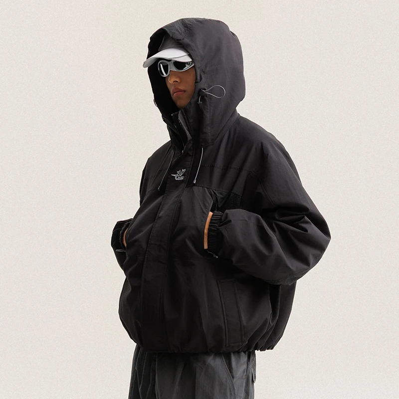 Unisex Color Block Spliced Hooded Windbreaker Loose Water Resistant Outdoor Commute Mountain Style Functional Workwear Jacket