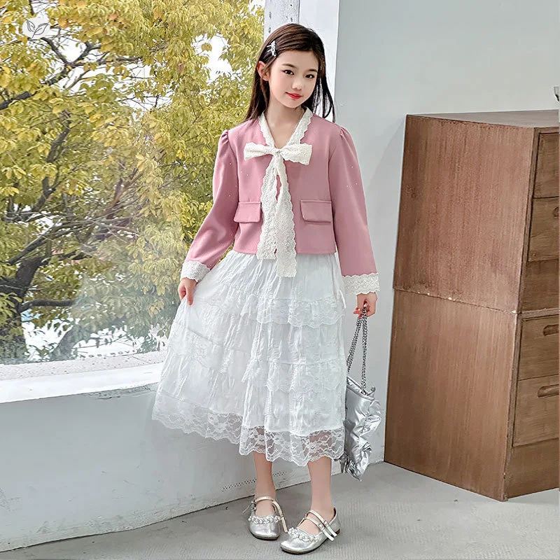 

New Spring Autumn Children Clothing Sets for Girls Lace Bow Collar Short Coat + Cake Skirt Outfits Sweet Kids Clothes Suit
