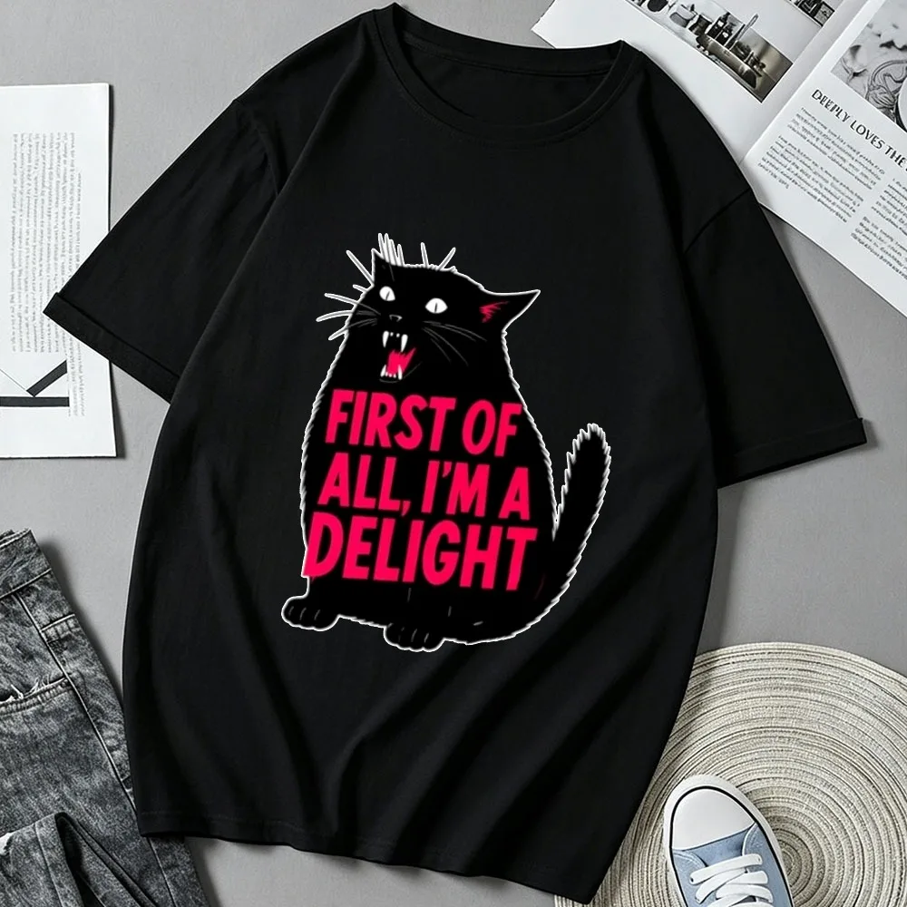 First of All I'm A Delight Black Cat Graphic Tshirt Unisex Angry Cat Print Short Sleeve Crew Neck Cotton Tee Tops Men Women Days