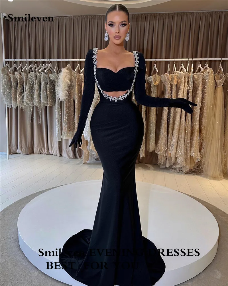 Smileven Blacl Long Sleeve Evening Dresses2 Pieces Ceystal Prom Party Dress Sweetheart Neck Cocktail Gowns Plus Size Customized