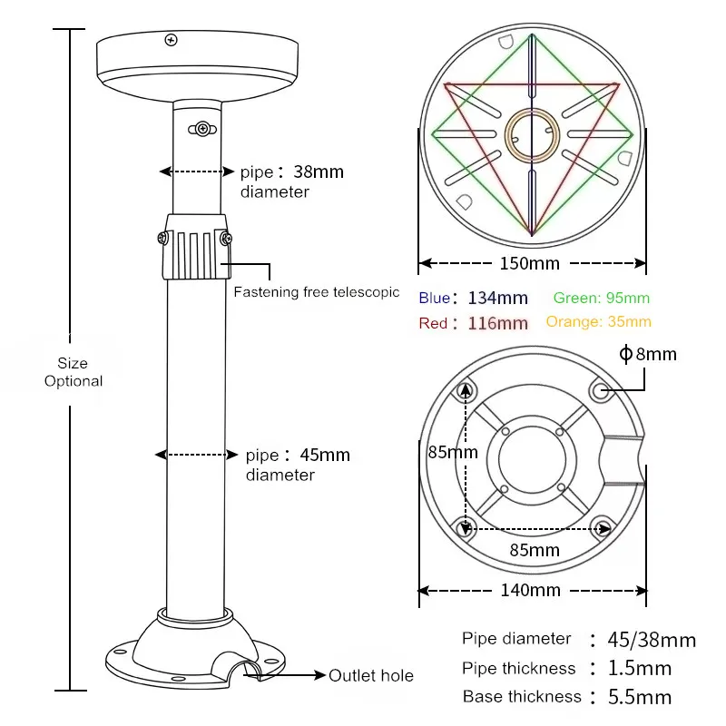 Black CCTV Dome Camera Ceiling Mounting Bracket Aluminum Alloy Hemisphere Telescopic Support 45MM Thick Tube Camera Long Bracket