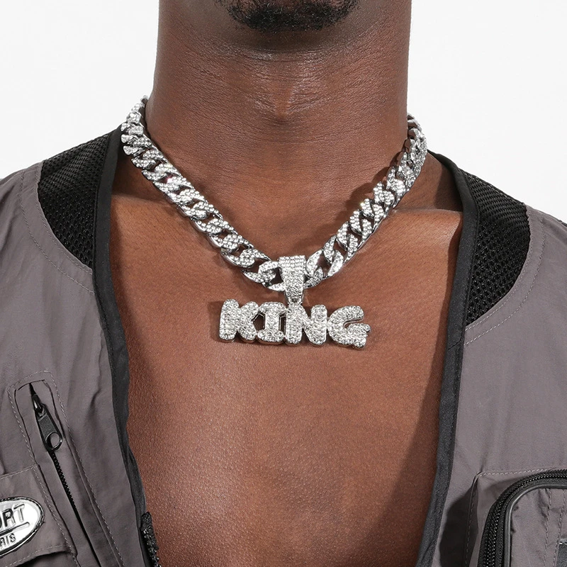 Hip Hop Personalized Cool KING Letter Pendant Necklace Men Trendy Cuban Link Chain Alloy Metal Necklace  Punk Fashion Jewelry