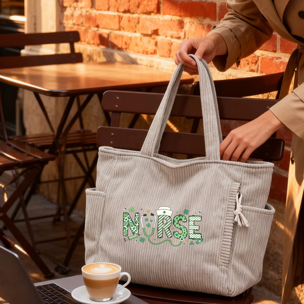 

Casual Corduroy Handbag with Zipper Closure Large Capacity Fixed Shoulder Strap Daily Commuter Handbag Women's Tote Bag