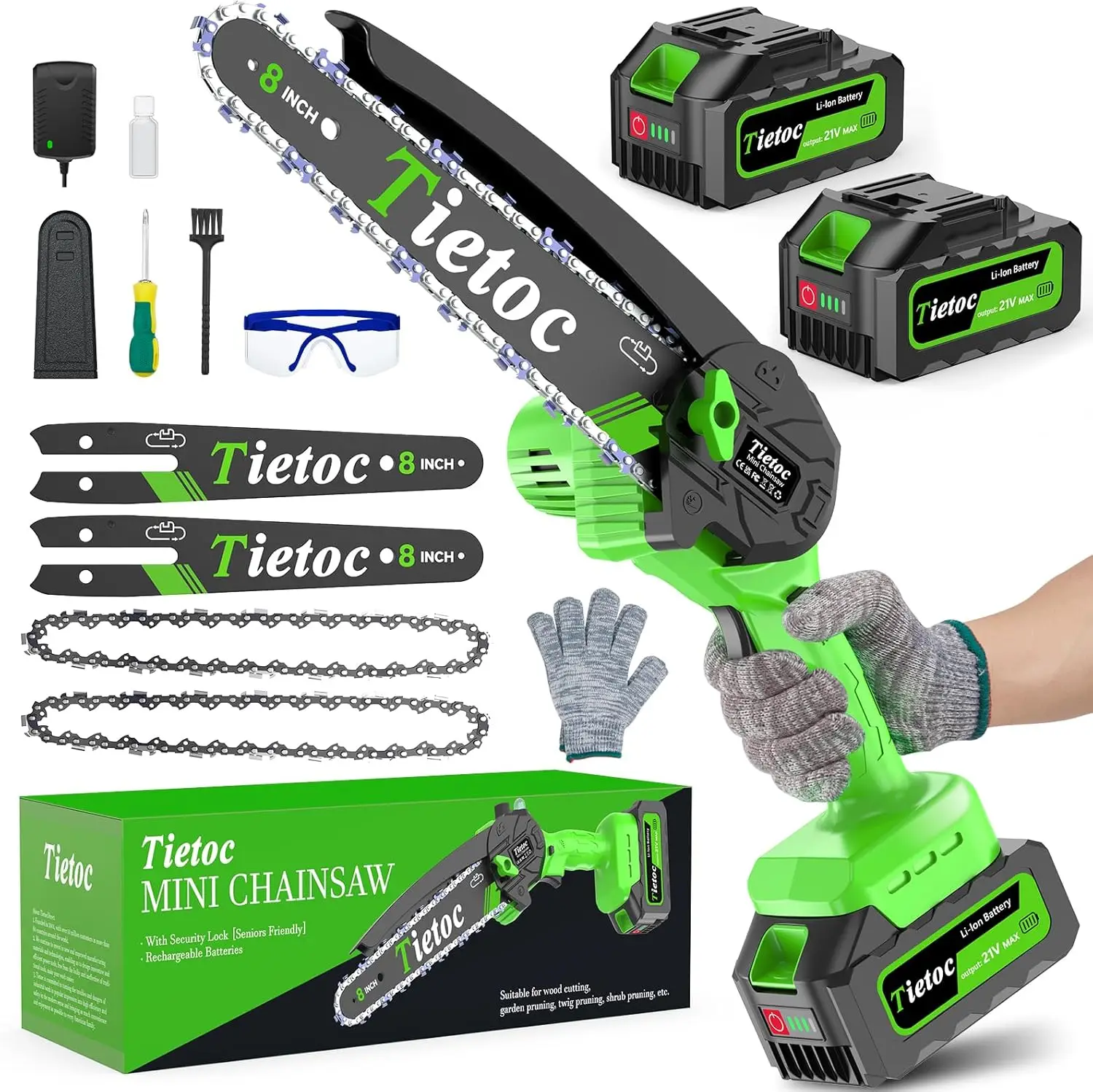 Mini Chainsaw 8 Inch Cordless with 2x 4000mAh Batteries, Battery Powered Chain Saw with Oiler, Lightweight Handheld Saw for Household
