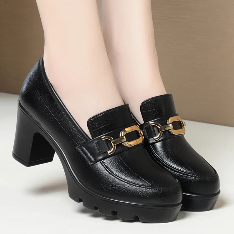 Soft Leather Black Shoe Woman Block Pumps 2024 Thick Bottom Platform Shoes Model Office Work 6.5 cm 8 cm High Heels Grace