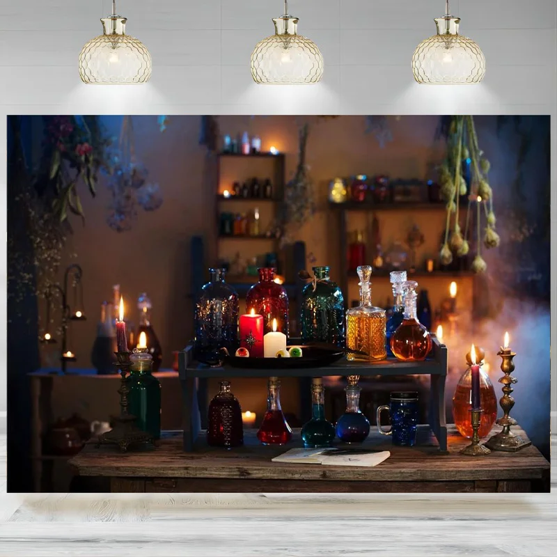 

Magic Potions Backdrop Halloween Witch's House Burning Candles Magic Room Photography Background Sorcerer Party Decor Banner