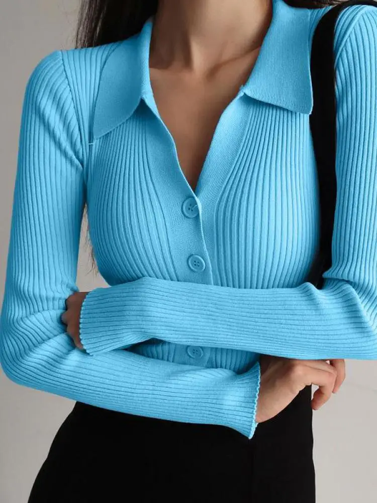 2024 Ladies Buttons Sexy V Neck Long Sleeve POLO Neck Knit Cardigan Sweater Women Lapel Slim Tops