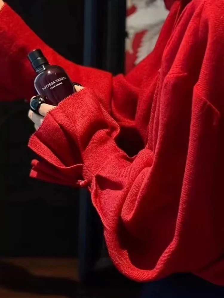 

Wool irt Women's Ele Pred Pleat Bell Sve High Collar Cheered Pattern Ladylike Temperament European Sle