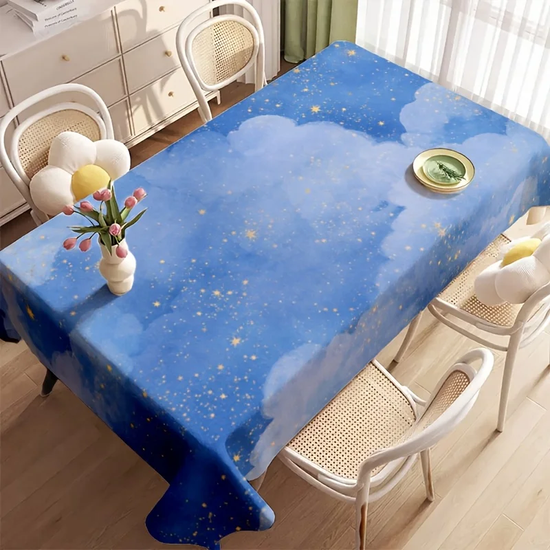 Blue Cloud Star Tablecloth, Gradient Blue Base With Shining Star Pattern, Rectangular Table Cover for Kids Room Tabletop Decor